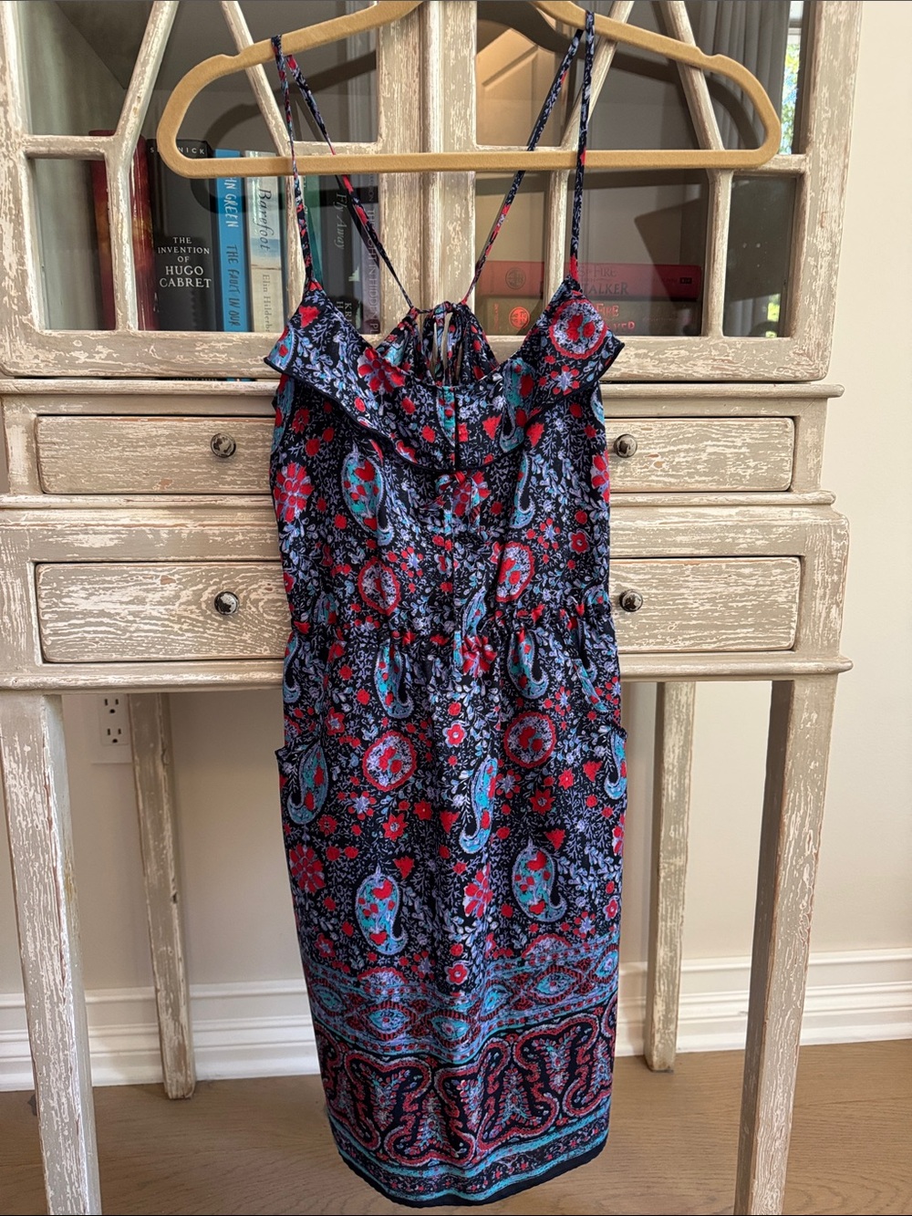 Women’s Bohemian Paisley Spaghetti Strap Dress - Navy with Red & Teal